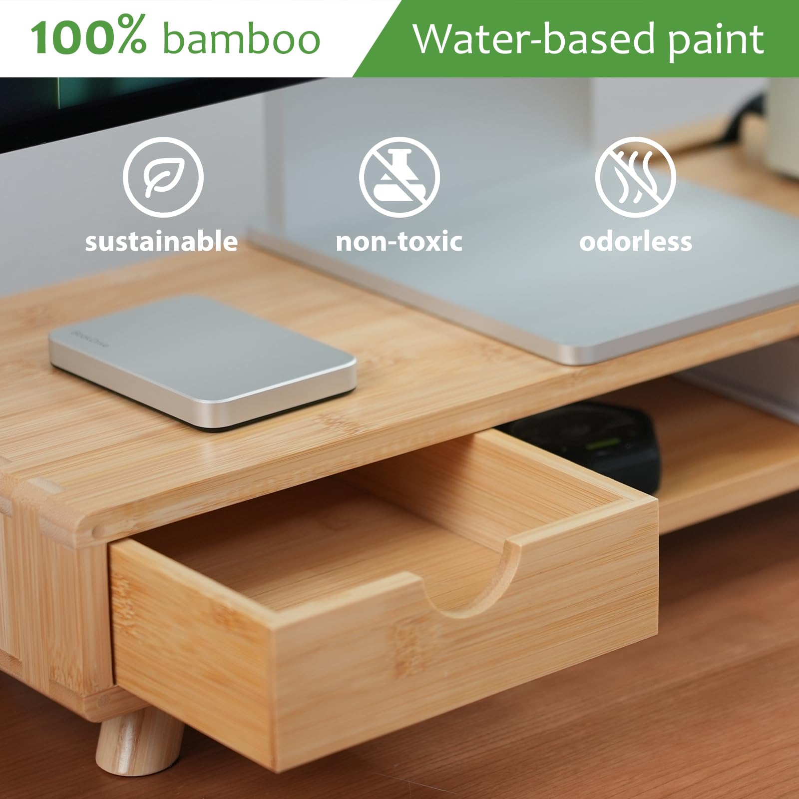 Bamboo Monitor Riser with Storage Shelf - Main View