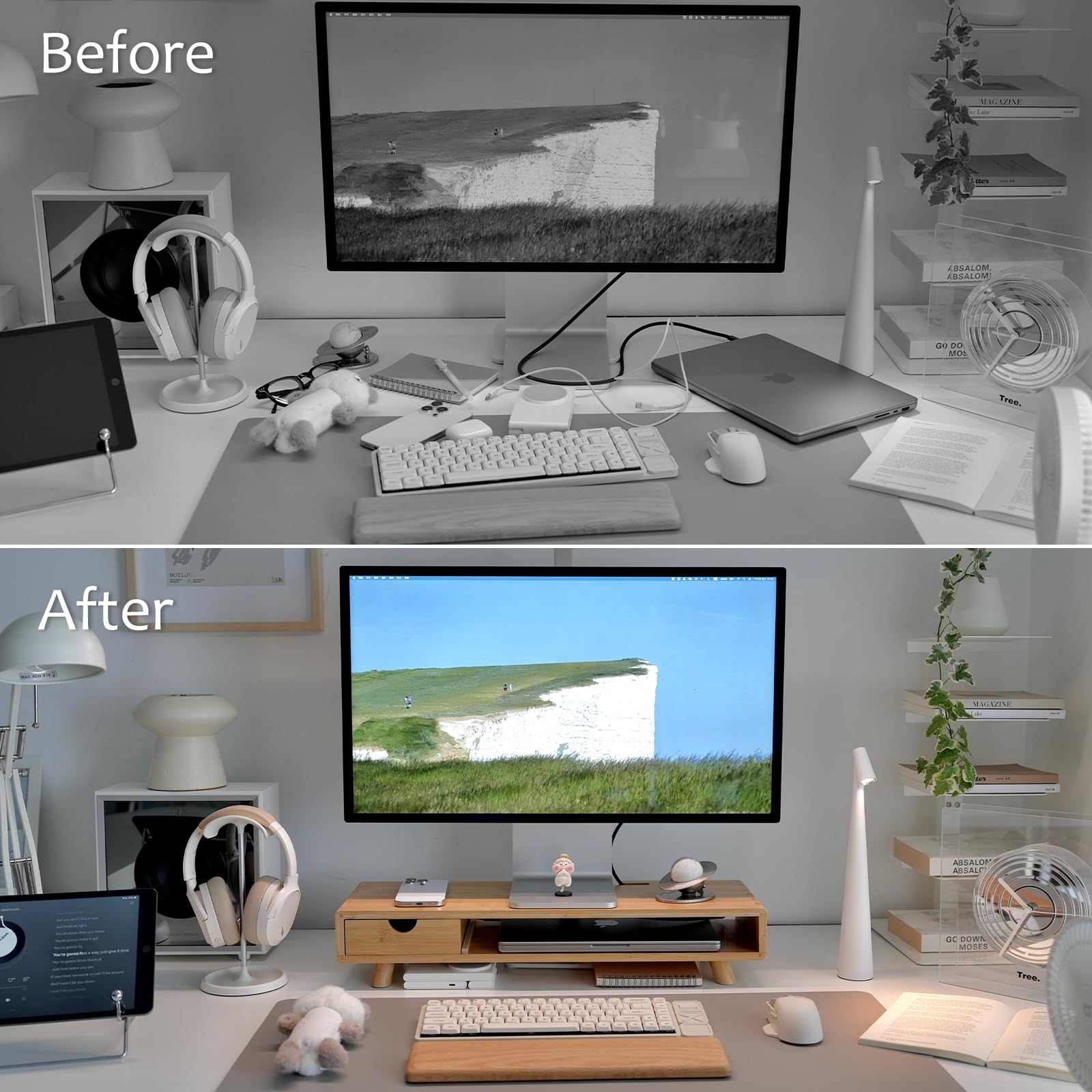 Bamboo Monitor Riser with Storage Shelf - Side View