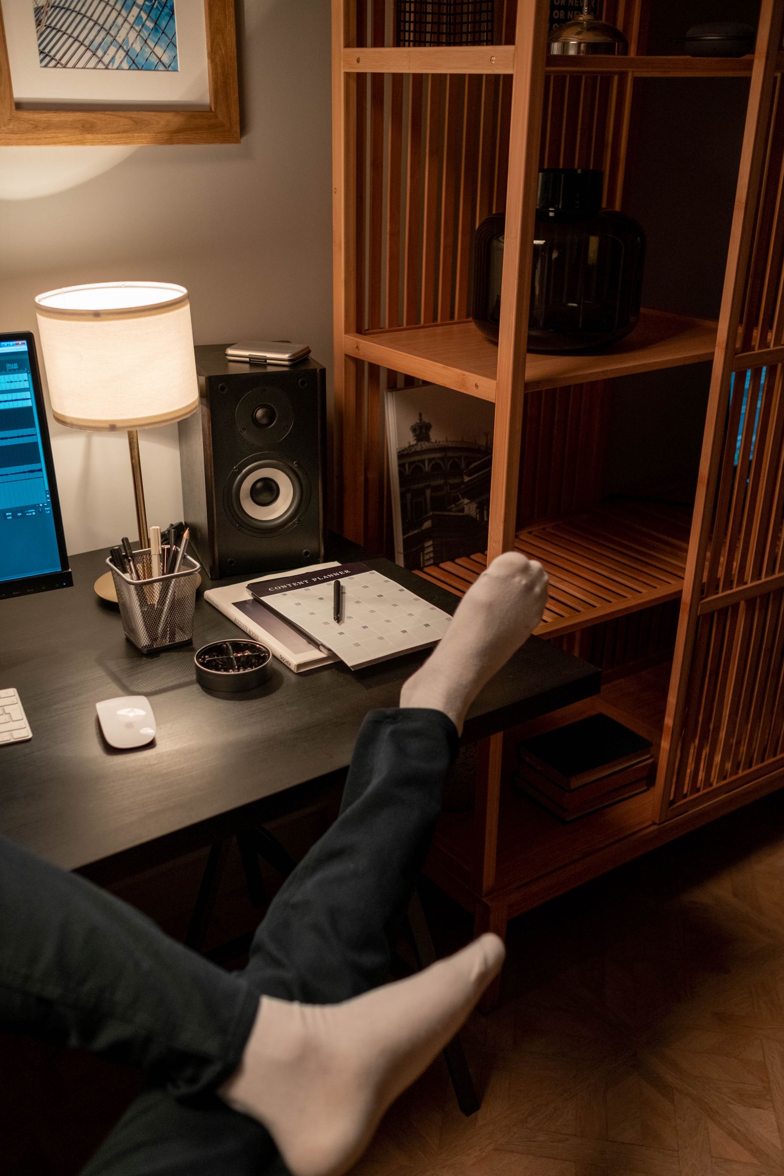Feet resting comfortably in a cozy home office